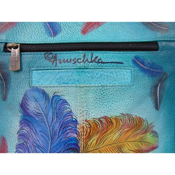 Anuschka Leather Crossbody Purse Wallet Teal Blue Feather Peacock Hand Painted - Picture 5 of 16